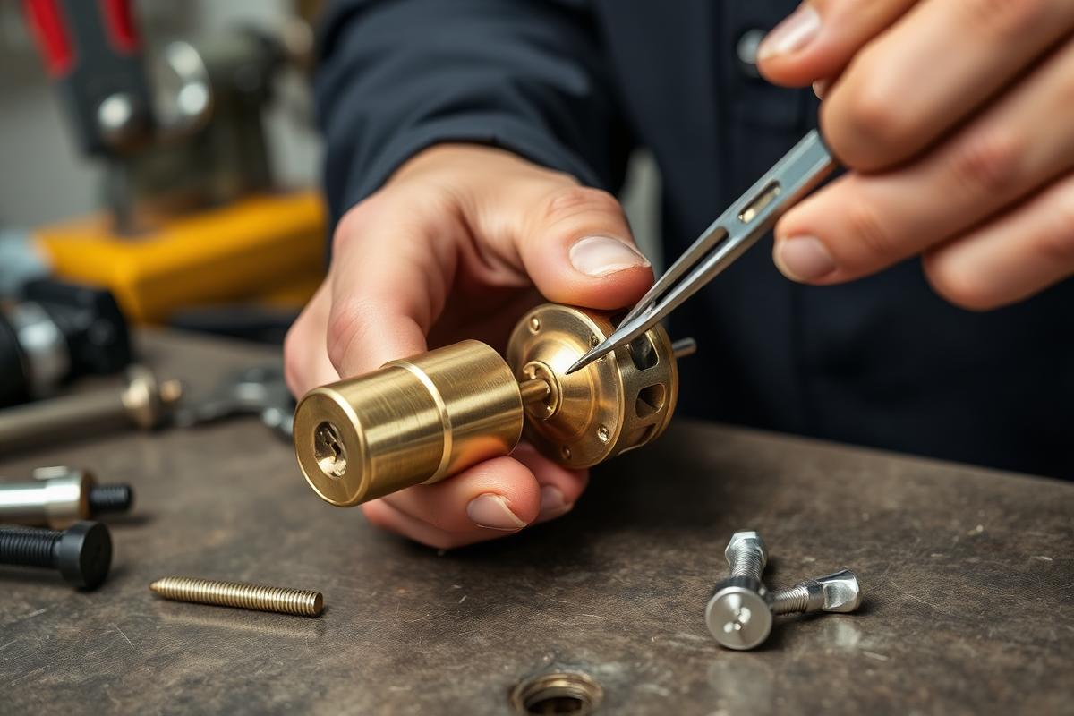 Locksmith rekeying a brass door lock cylinder