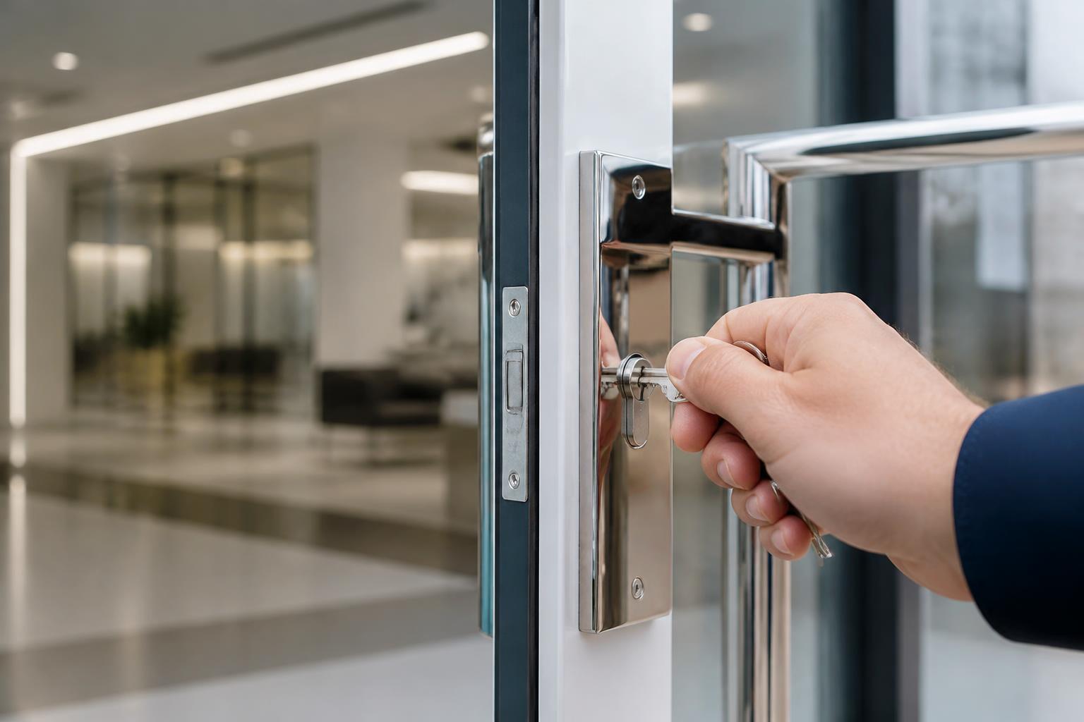 Commercial glass door lock being serviced