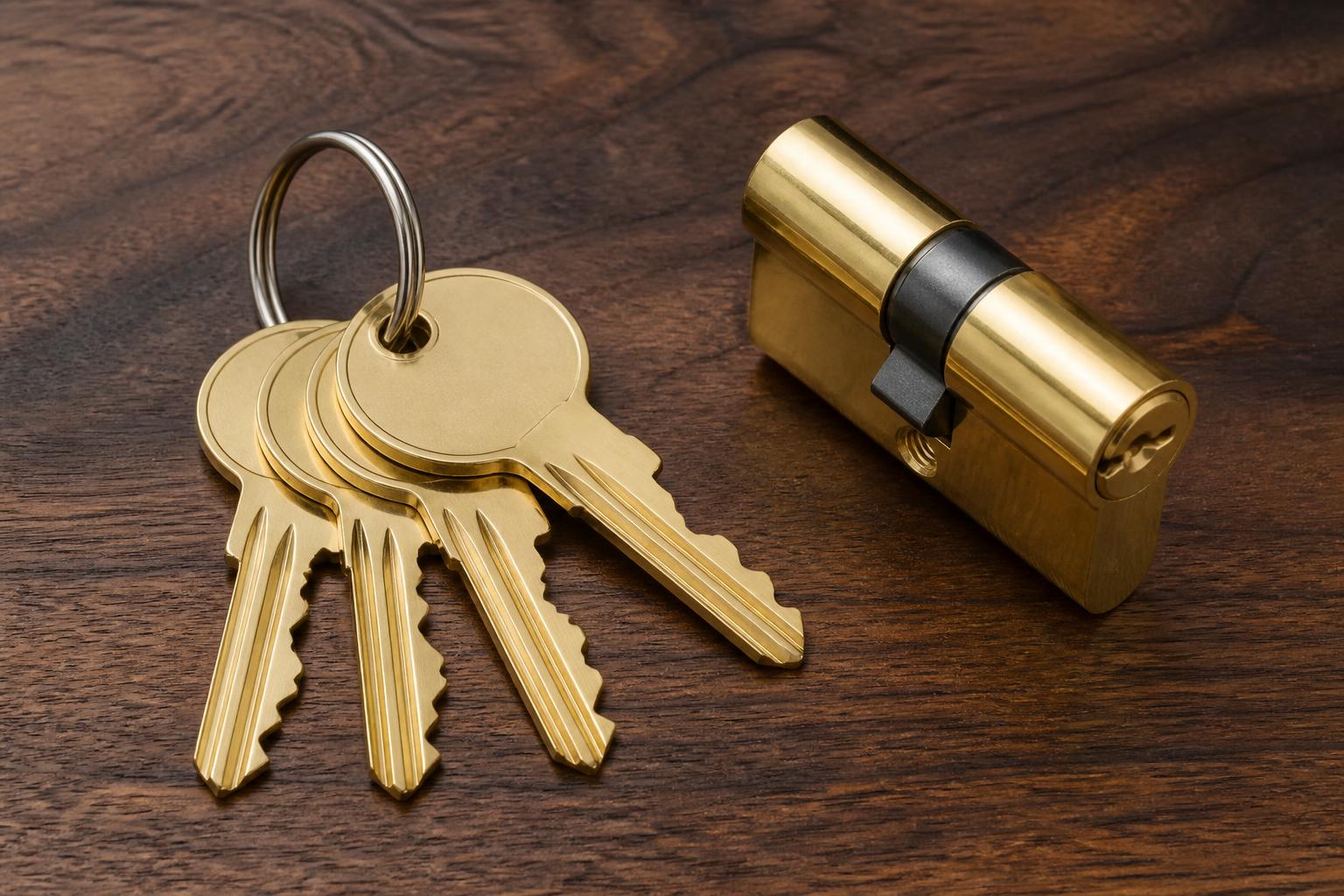 Freshly cut brass keys next to a lock cylinder